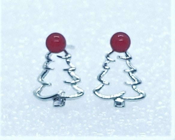 Christmas-tree-earrings-silver tone-red