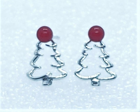 Christmas-tree-earrings-silver tone-red